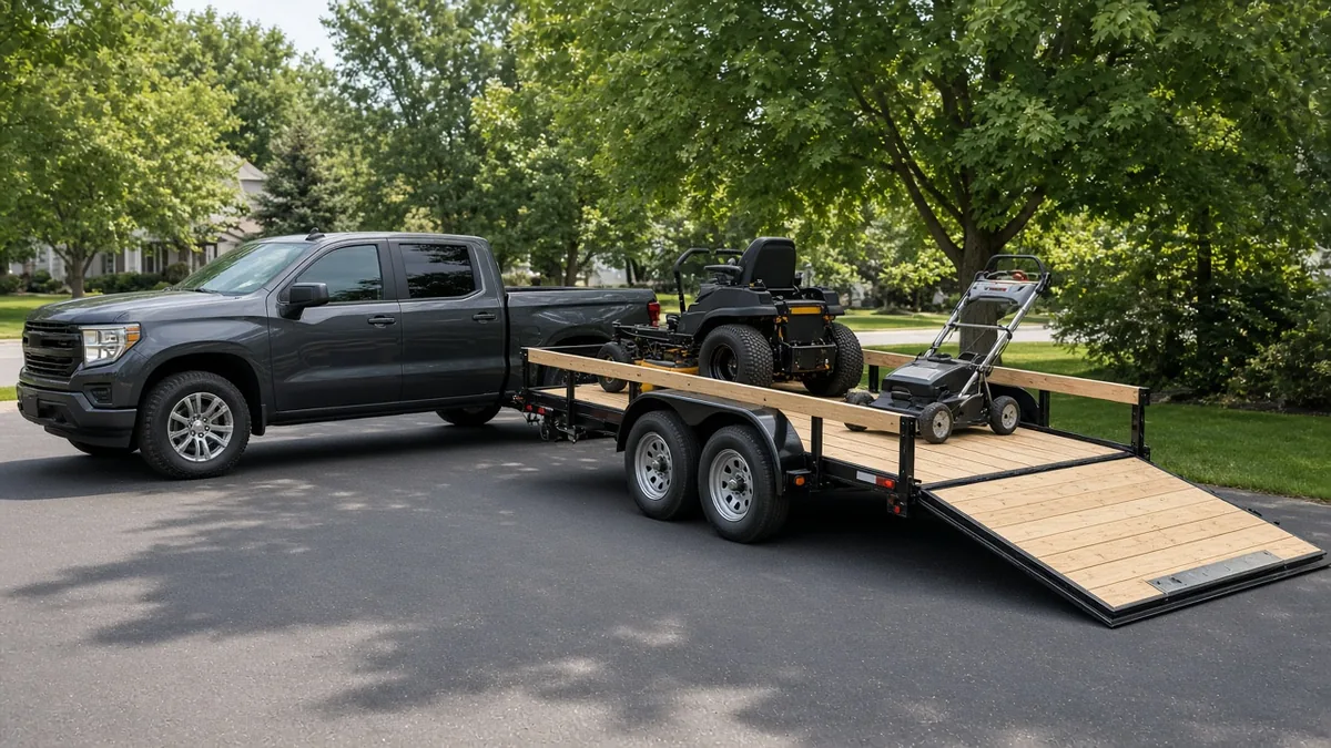 Open landscape trailer with a black steel frame and wood deck carrying a zero-turn mower behind a pickup