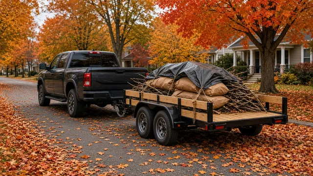 Pickup towing a wood-deck landscape trailer loaded with brush and leaf bags on a fall street