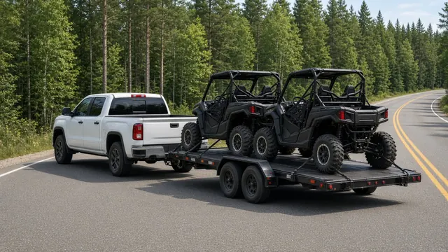 Pickup towing two side-by-side UTVs strapped to a black flatbed trailer on a forest highway