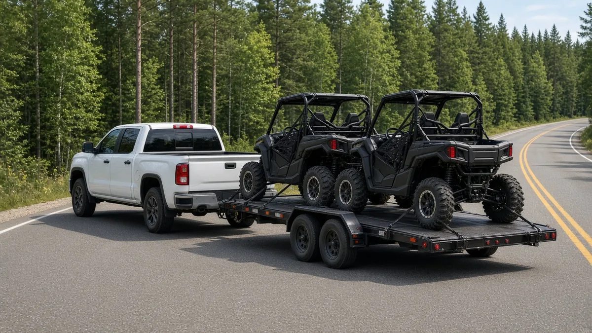 Pickup towing two side-by-side UTVs strapped to a black flatbed trailer on a forest highway