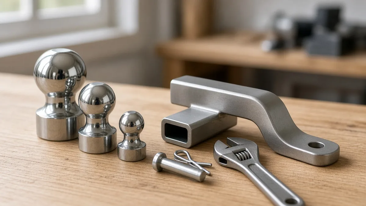 Hitch balls in three sizes, a ball mount, hitch pin, and wrench on a workbench
