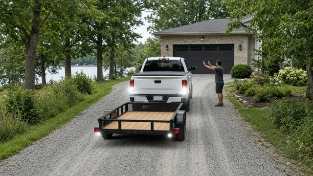 Pickup backing a small utility trailer down a gravel driveway while a spotter gives hand signals