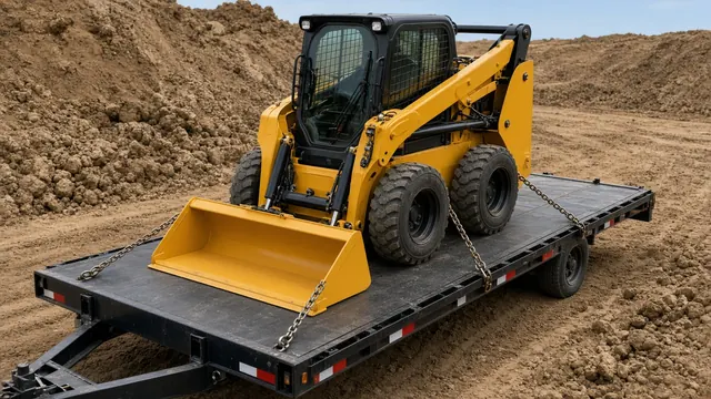 Skid steer chained down on a black equipment flatbed trailer at a construction site