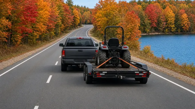 Pickup towing a compact tractor on a flatbed trailer along a Michigan highway in fall color beside a lake