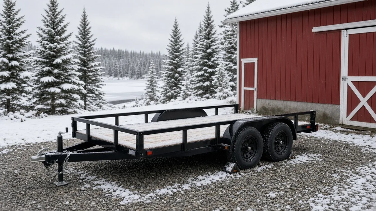 Black utility trailer stored by a red barn in light snow, with wheel chocks and a coupler lock