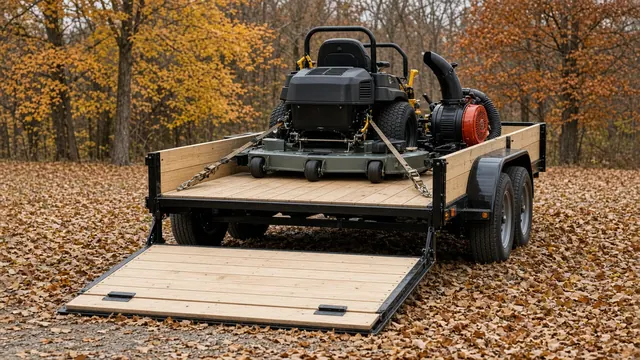 Zero-turn mower and leaf blower strapped down on a wood-deck landscape trailer with the ramp gate lowered