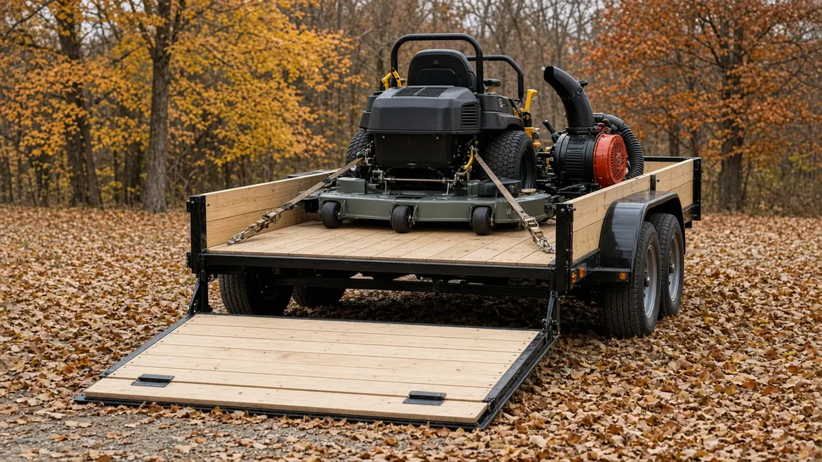 Zero-turn mower and leaf blower strapped down on a wood-deck landscape trailer with the ramp gate lowered