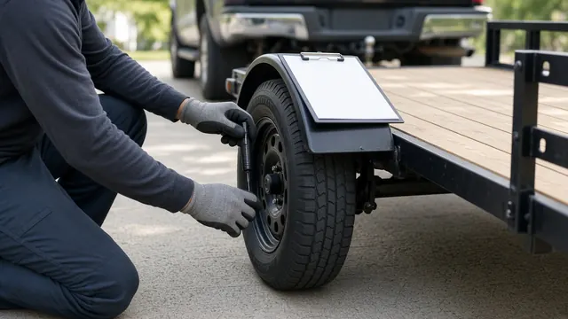 Person in work gloves checking a trailer tire's tread depth before a trip