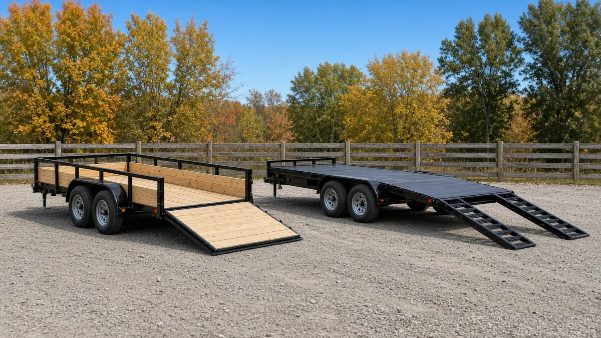 Wood-deck landscape trailer and black equipment flatbed trailer parked side by side in a gravel lot