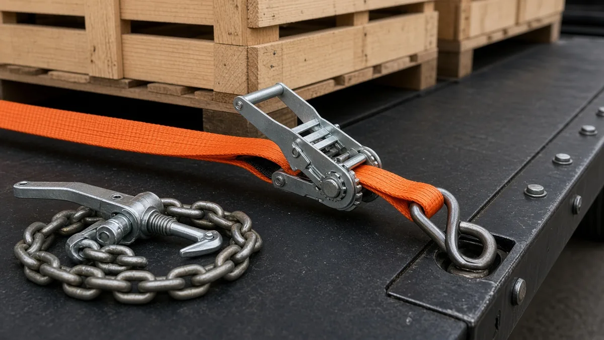 Orange ratchet strap and chain binder securing crates to a trailer deck