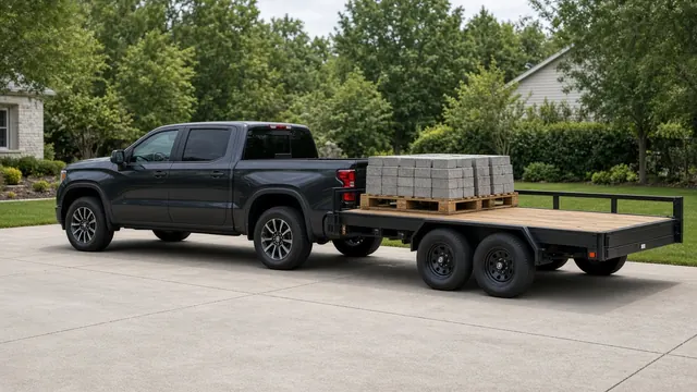 Pallet of concrete pavers loaded at the front of a wood-deck trailer hitched to a pickup