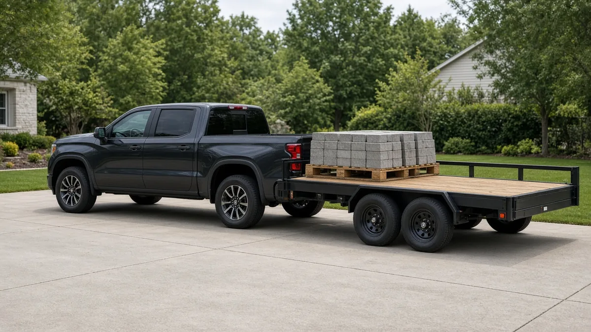 Pallet of concrete pavers loaded at the front of a wood-deck trailer hitched to a pickup