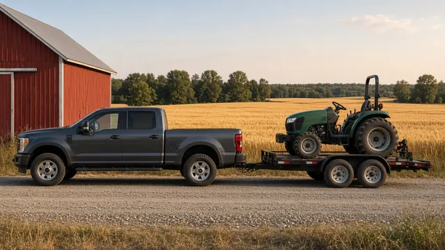 Pickup towing a compact tractor on a flatbed trailer past a red barn