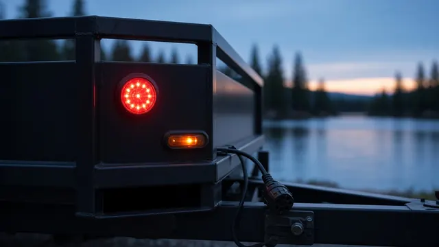 Trailer LED tail light and amber side marker glowing at dusk by a lake, with the wiring plug hanging at the tongue