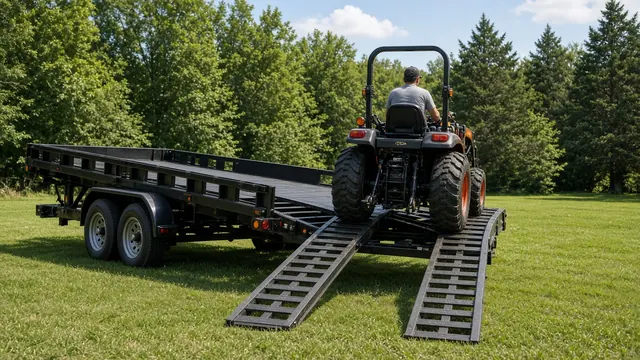 Compact tractor driving up loading ramps onto a black flatbed trailer