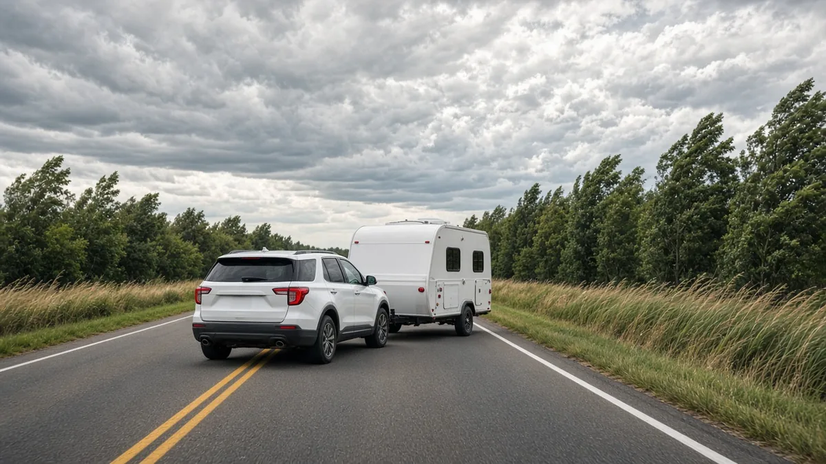 SUV towing a travel trailer on a windy two-lane highway under storm clouds
