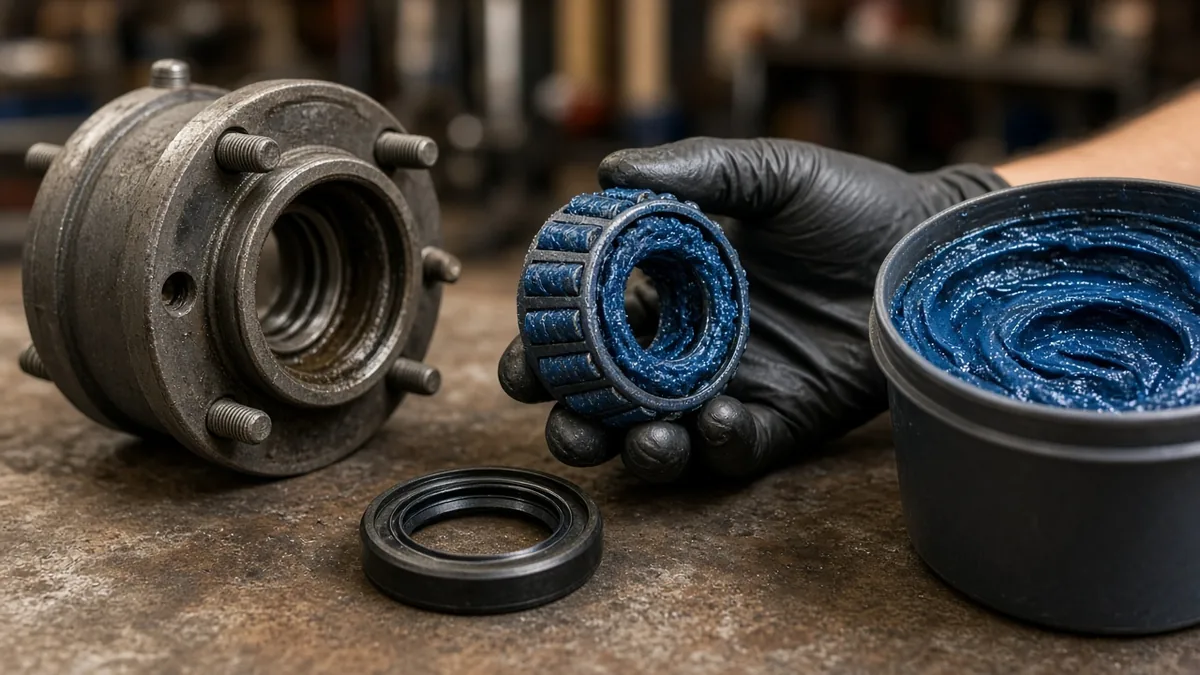 Gloved hand holding a grease-packed trailer wheel bearing next to the hub and a new seal